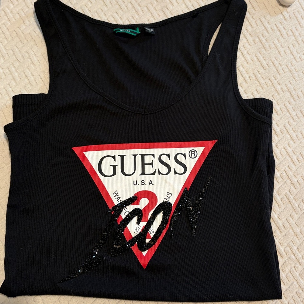 Guess ICON Black Tank Top with Red and White Logo bedazzled